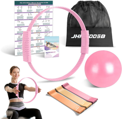 Pilates Ring Set, Pilates Essentials Kit with Pilates Ring and Ball, 3 Resistance Bands, Portable Bag & Training Poster, at Home Pilates Starter Workouts Equipment Kit for Women