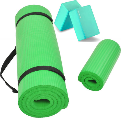 Fitvids All Purpose 1/2-Inch Extra Thick High Density Anti-Tear Exercise Yoga Mat and Knee Pad with Carrying Strap and Optional Yoga Blocks, Multiple