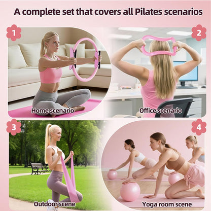 Women's Home Pink Global Pilates 13-Piece Basic Set, Home Pilates Fitness Equipment, Includes Resistance Bands, 14-Inch Magic Circle, Mini Ball, Pilates Strength, Shaping, and Flexibility Starter Kit.