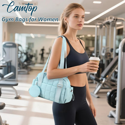 CAMTOP Mini Gym Bag for Women, Small Gym Tote Bag Puffy Quilted Sports Duffel Bag with Wet Compartment and Coin Purse Duffel Bags Dance Yoga Workout Bag for Gifts (All Black, Mini-12.6")