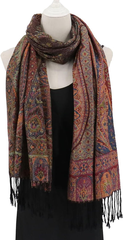 Ciormis Two Tone Silky Paisley Pashmina Shawl Scarf,Soft Women's Rave Jacquard Pashminas Wrap Scarves