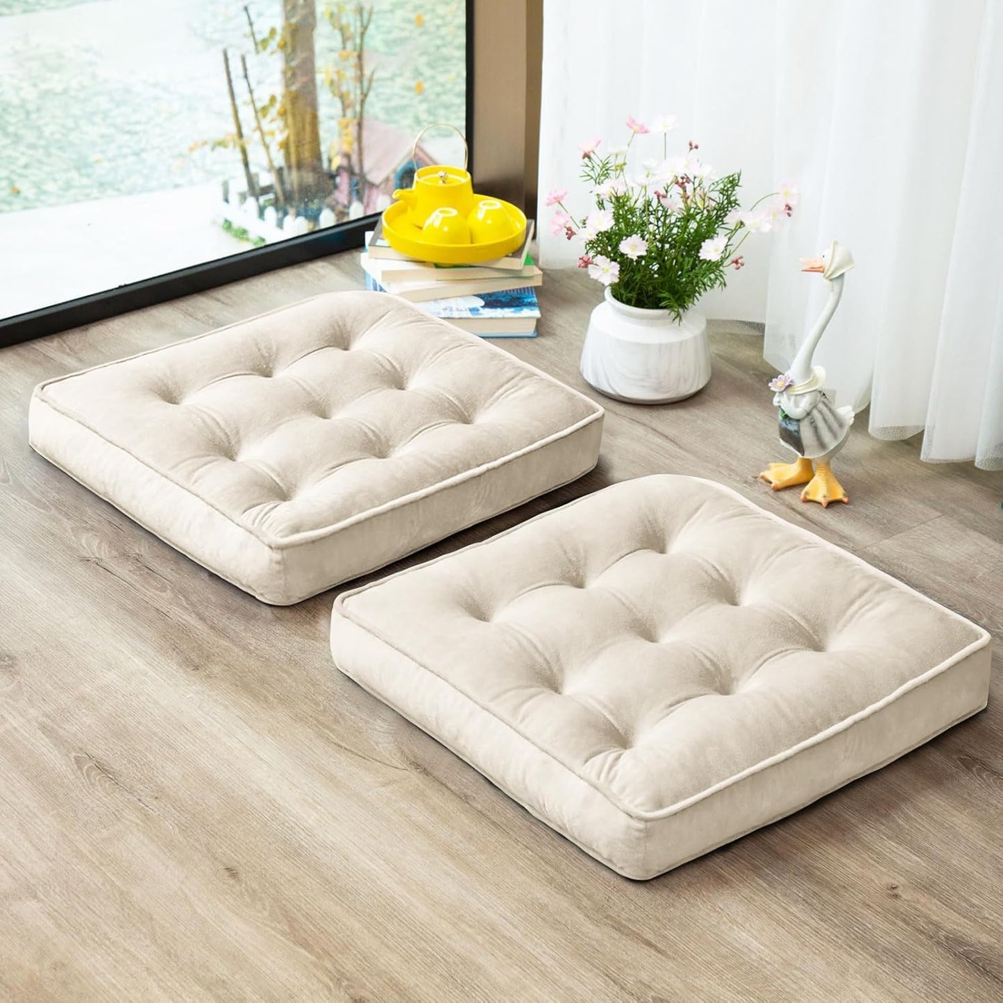 1 MIDDLE ONE Floor Pillow Set of 2, Memory Foam Meditation Cushion, Floor Cushions for Adults Sitting, Large Square Seat Cushions for Yoga, Living Room, 20x20 Inch (Grey)