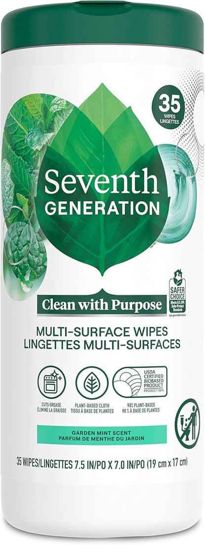 Seventh Generation Multi-Surface Wipes, 70 Count, Pack of 3, Garden Mint, Plant-Based Cleaning Wipes, No Harsh Fumes or Residue, Safe Around Kids