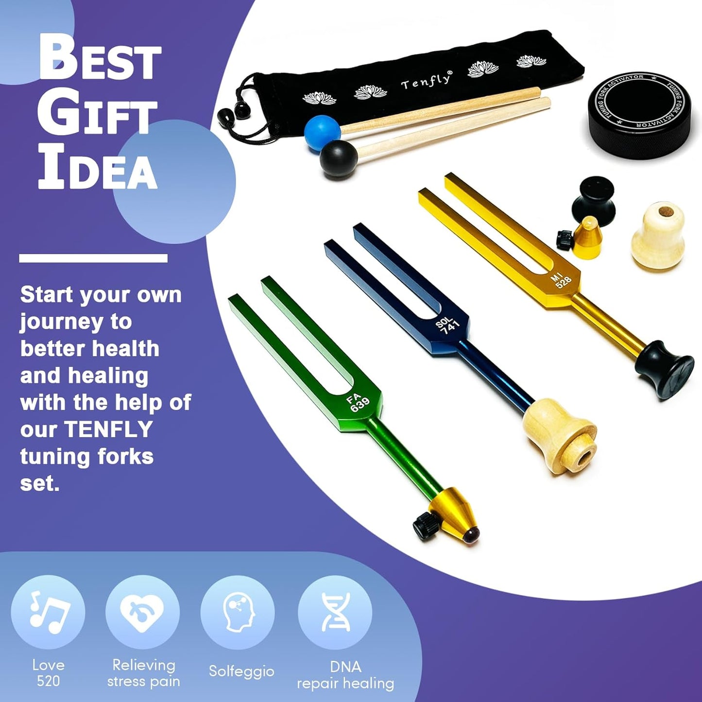 Tuning Forks for Healing Set – Includes 128Hz, 136Hz, 256Hz, 384Hz & Activator, Perfect for Healing, Chakra, Sound Therapy, Keep Body, Mind and Spirit in Perfect Harmony