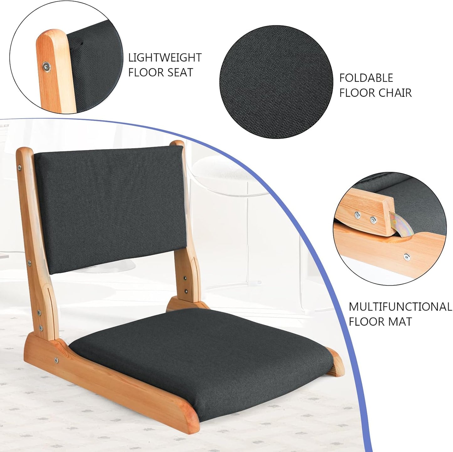 Japanese Floor Chair with Back Support, Foldable Meditation Chair, Legless Tatami Chair with Cushion, Floor Seat for Living Room, Bedroom, Bay Window (1, Gray)