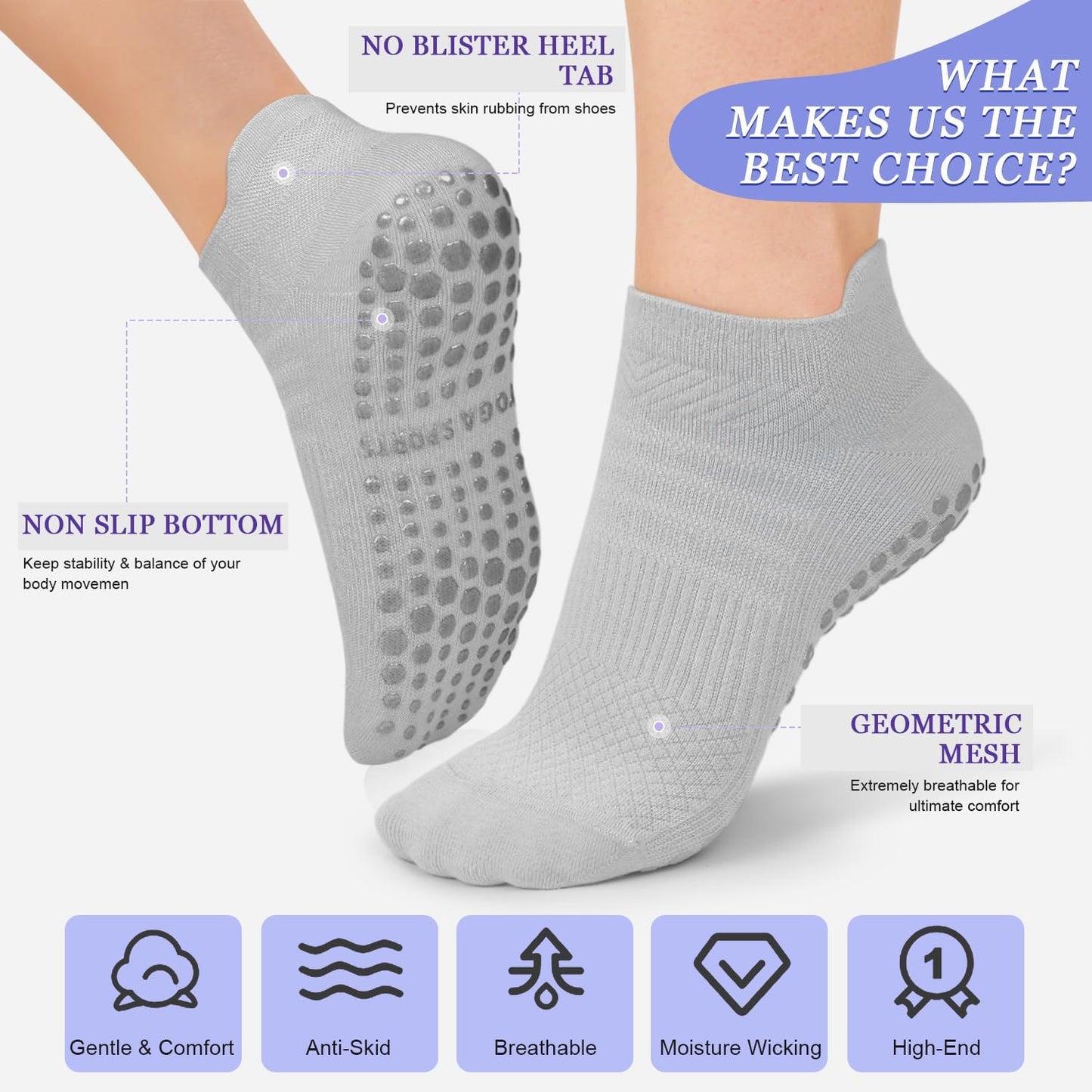yeuG Pilates Socks for Women Non Slip Grip Socks for Yoga, Barre, Hospital, Barefoot Grippy Yoga Sock Womens Gifts 4 Pairs