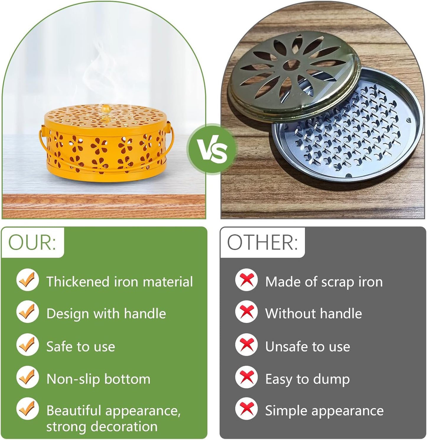 Portable Iron Mosquito Coil Holder with Handle Round Heat-Resistant Incense Holder (Bronze)