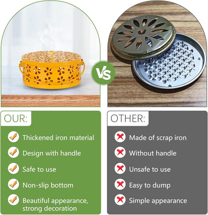 Portable Iron Mosquito Coil Holder with Handle Round Heat-Resistant Incense Holder (Bronze)