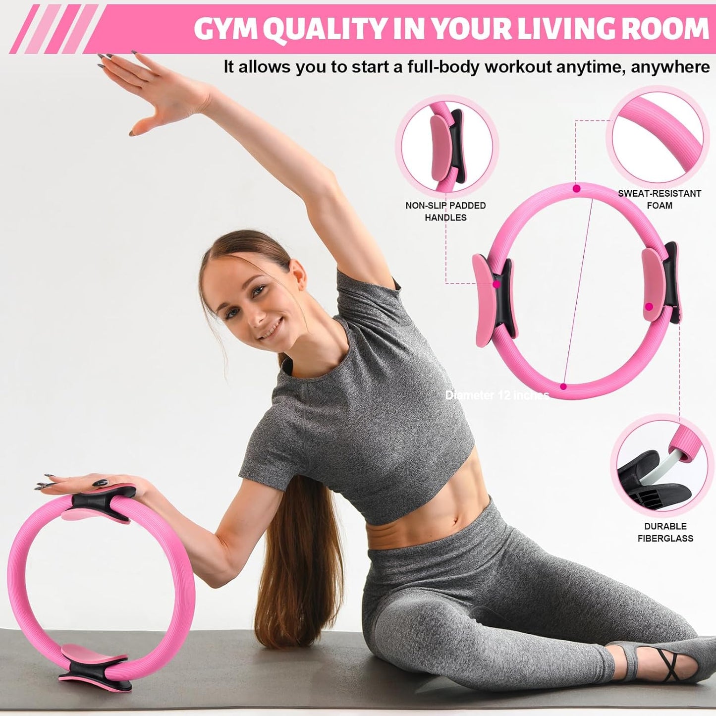 RoundFunny Pilates Ring Circle Set 18 Pcs Exercise Equipment Accessories for Women Workouts Pilates Ball Stretching Strap Magic Circle Yoga Ring Gym Back Bag Resistance Band Anti Slip Socks