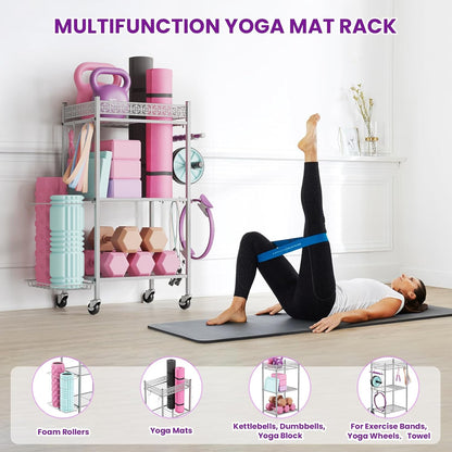 Yoga Mat Storage Rack, Home Gym Storage Rack, VOPEAK Workout Storage for Yoga Mat, Foam Roller, Gym Organizer Gym Equipment Storage for Home Exercise and Fitness Gear