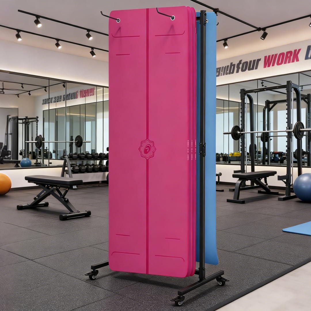 Hanging Yoga Mat Holder, Metal Double Sided Yoga Mats Storage Cart on Wheels, Floor Standing Pilates Mat Rack for Home Gym, Exercise, Yoga Studio, with Punching Tool