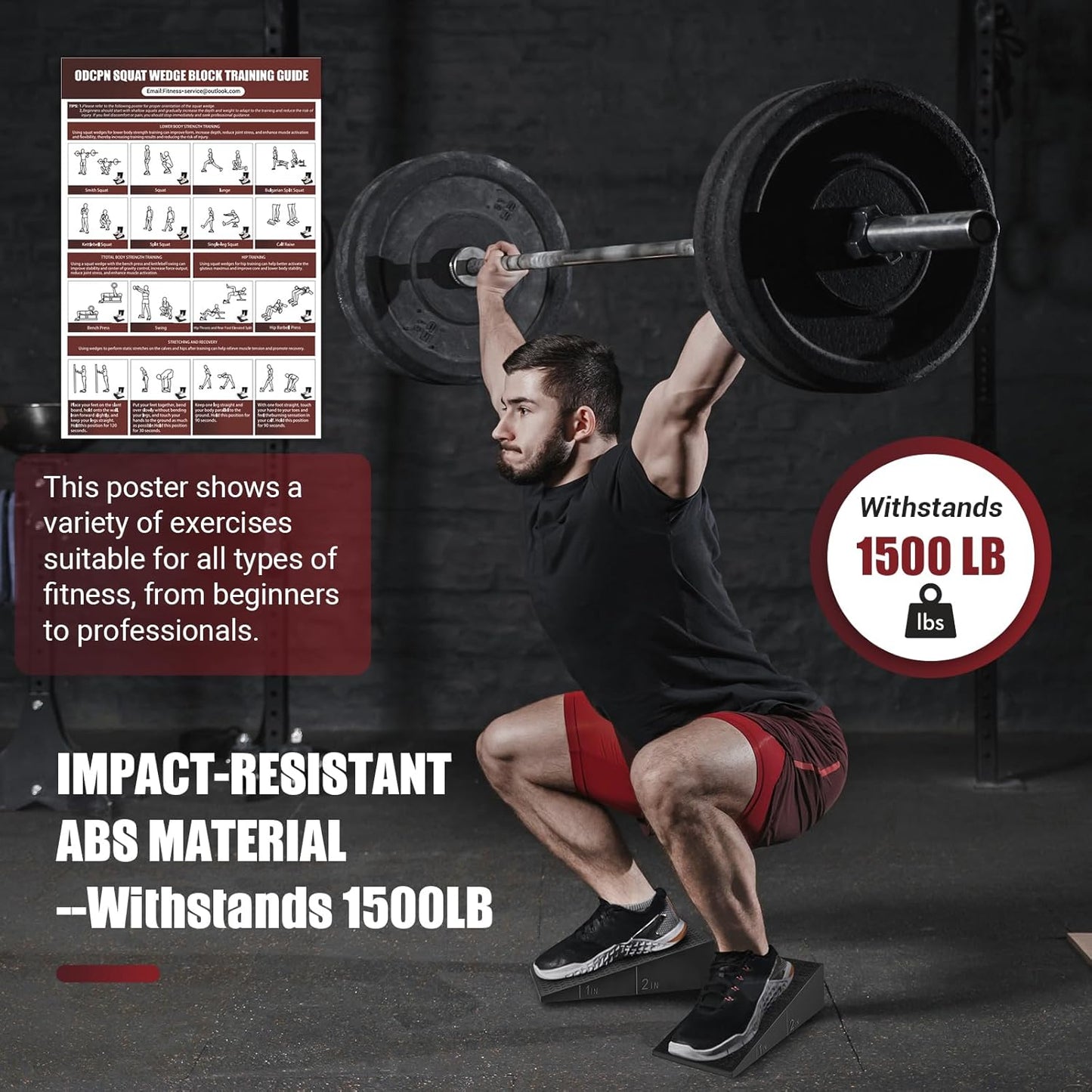 Squat Wedge Block, 2 Pcs Non-slip Heel Elevated Squat Wedge for Weightlifting Workout with Storage & Training Poster, Slant Board for Squats to Improve Squat Mobility Balance & Strength Performance