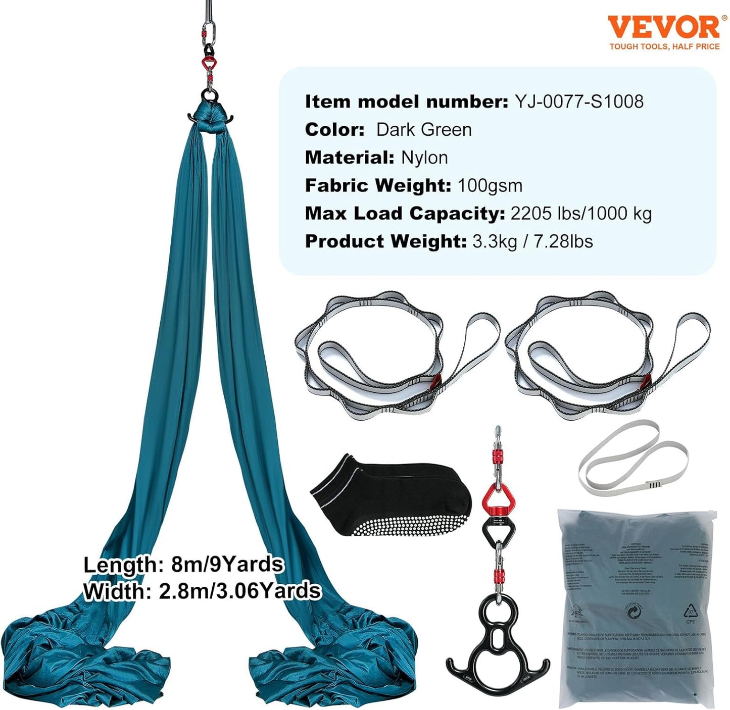 VEVOR Aerial Silk & Yoga Swing, Aerial Yoga Hammock Kit with 100gsm Nylon Fabric, Full Rigging Hardware & Easy Set-up Guide, Antigravity Flying for All Levels Fitness Bodybuilding