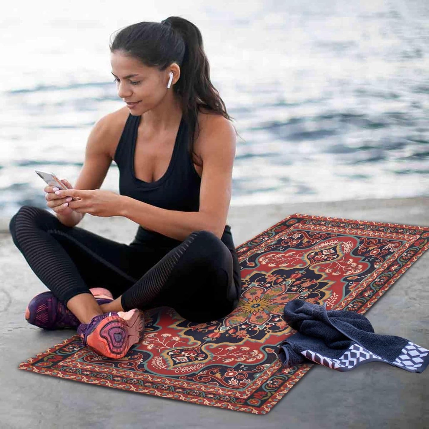 Kigai Travel Yoga Mat 71" x 24" Non Slip Natural Rubber Foldable Exercise Mat Ultra Thin 1.5mm Lightweight for Fitness, Pilates & Home Workout, Persian Design