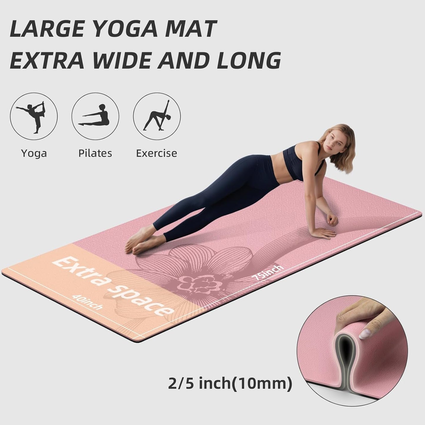 Large Yoga Mat 76"x 40"x10mm (2/5 inch) – Extra Thick & Wide, TPE Fitness Mat, Printed Non-Slip Exercise Mat with Carrying Strap for Men & Women, Pilates, Stretching, Fitness & Workout