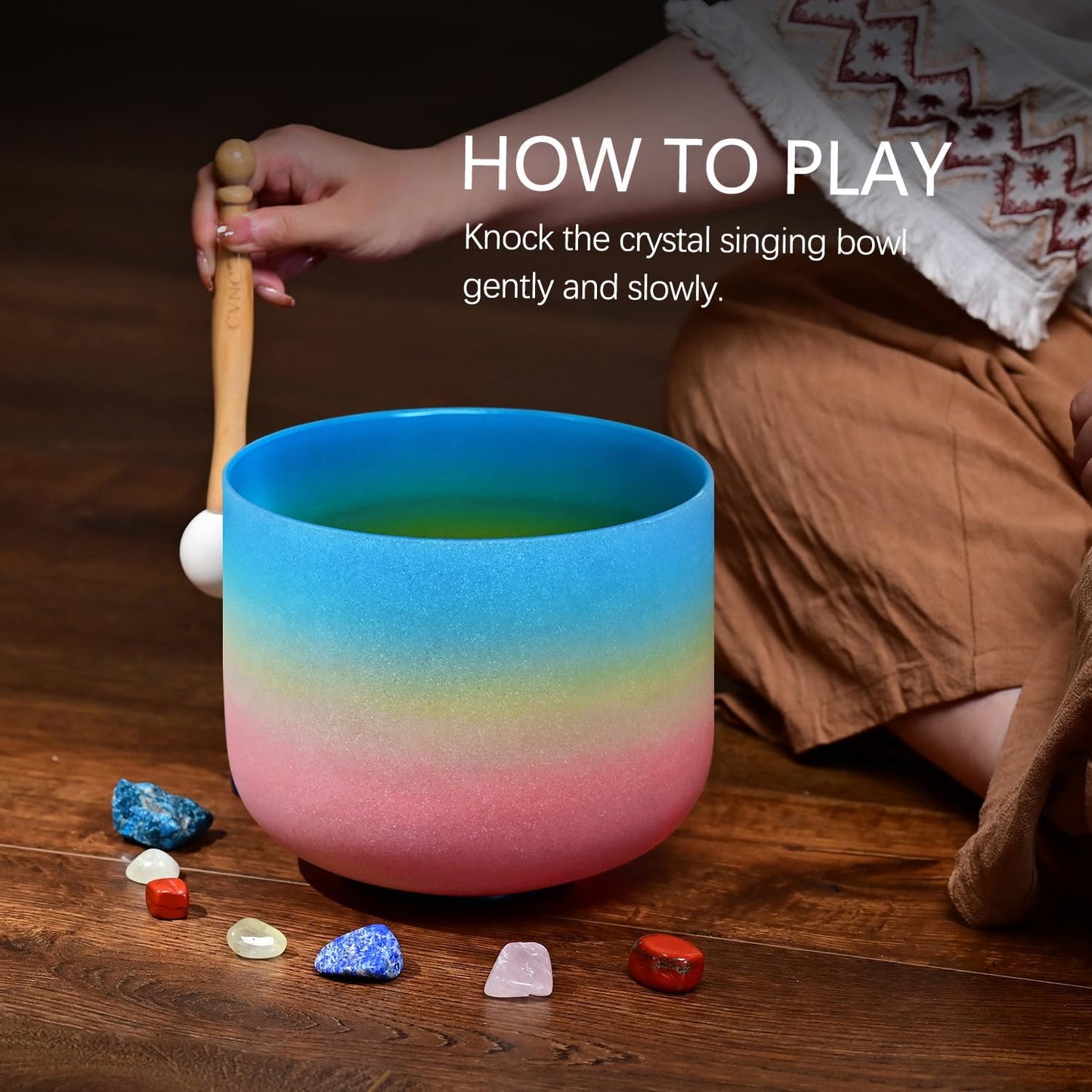 CVNC 440HZ 8 Inch Rainbow Colored A Note Third-Eye Chakra Frosted Quartz Crystal Singing Bowl for Sound Healing and Meditation