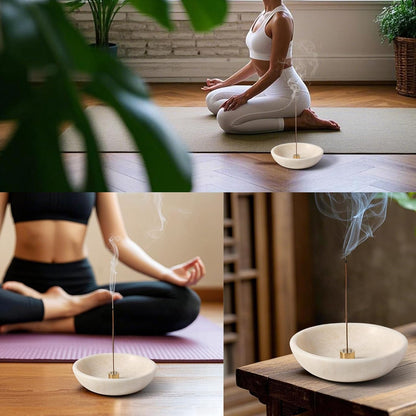 Koville Natural Marble Incense Holder, Incense Holder for Sticks with 9 Holes, Handmade Incense Burner Ash Catcher for Meditation Yoga SPA, Balsam Fir/Palo Santo/Sage/Cone (RoyalBeige)