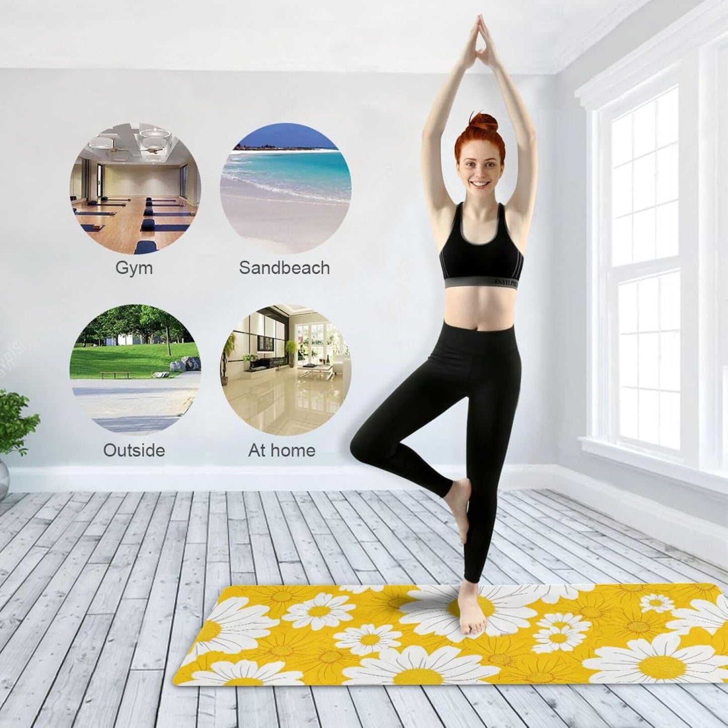Yellow Daisy Yoga Mat Non-Slip Eco-Friendly Exercise Fitness Mat for Yoga Pilates and Floor Workouts for Women & Men, 71 x 26 in