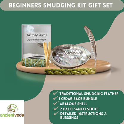Ancient VEDA Organic Smudge Kit – Yerba Santa, Palo Santo, Sweetgrass Braid, Feather & Smudge Guide | Home Cleansing Kit for Meditation, Yoga, Energy Healing & Gift (Starter Kit, Yerba Santa Sage)
