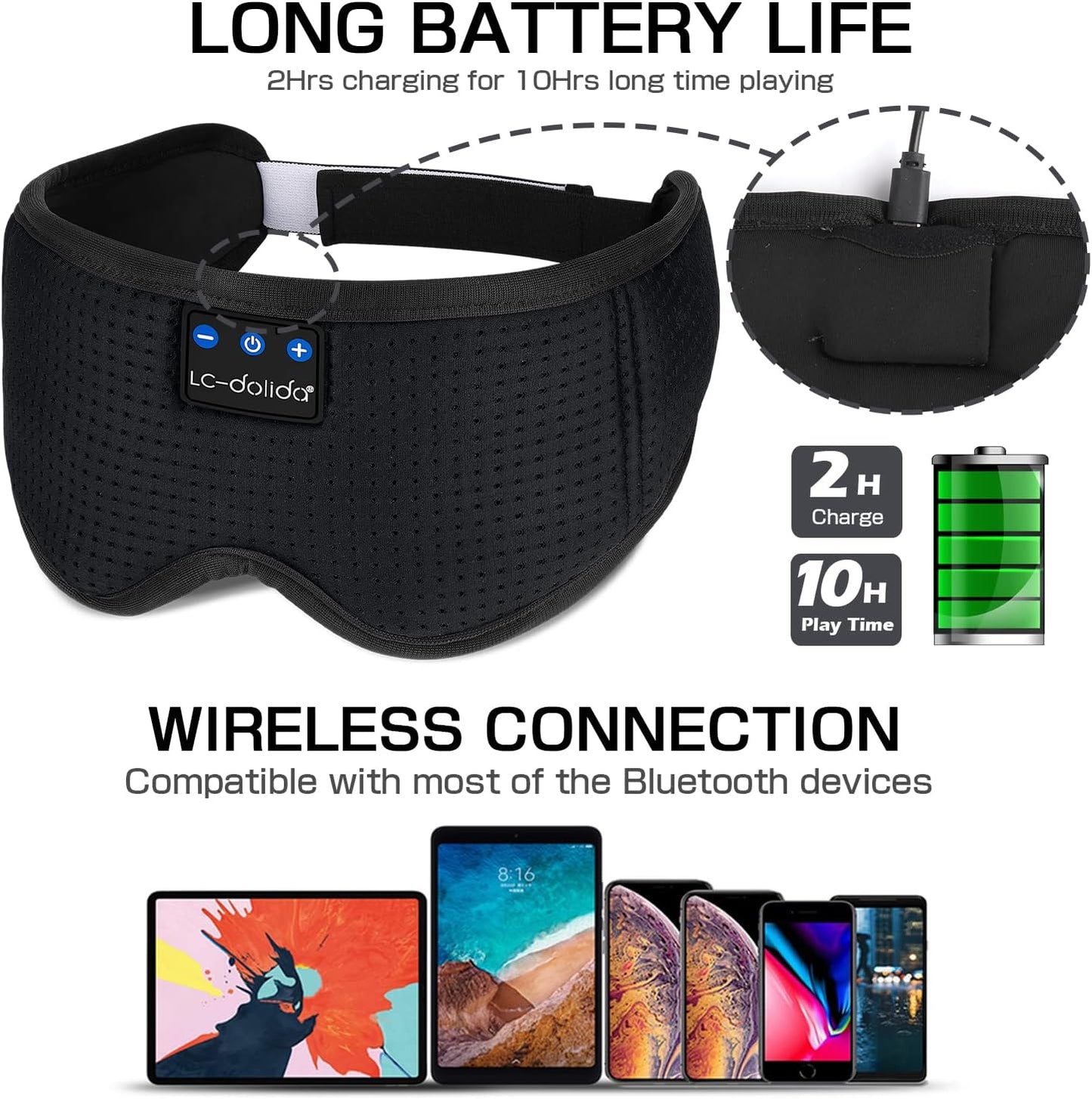 LC-dolida Sleep Headphones, 3D Sleep Mask Bluetooth Wireless Music Eye Mask, Sleeping Headphones for Side Sleepers Sleep Mask with Bluetooth Headphones Ultra-Thin Stereo Speakers Perfect for Sleeping
