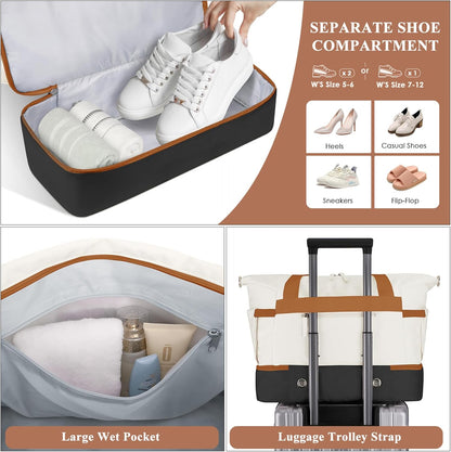 ETRONIK Gym Bag for Women, Personal Item Travel Bag with Shoes Compartment, Weekender Overnight Duffel Bag with Wet Pocket, Carry On Bag for Women, Travel, Gym, Weekend (Beige)