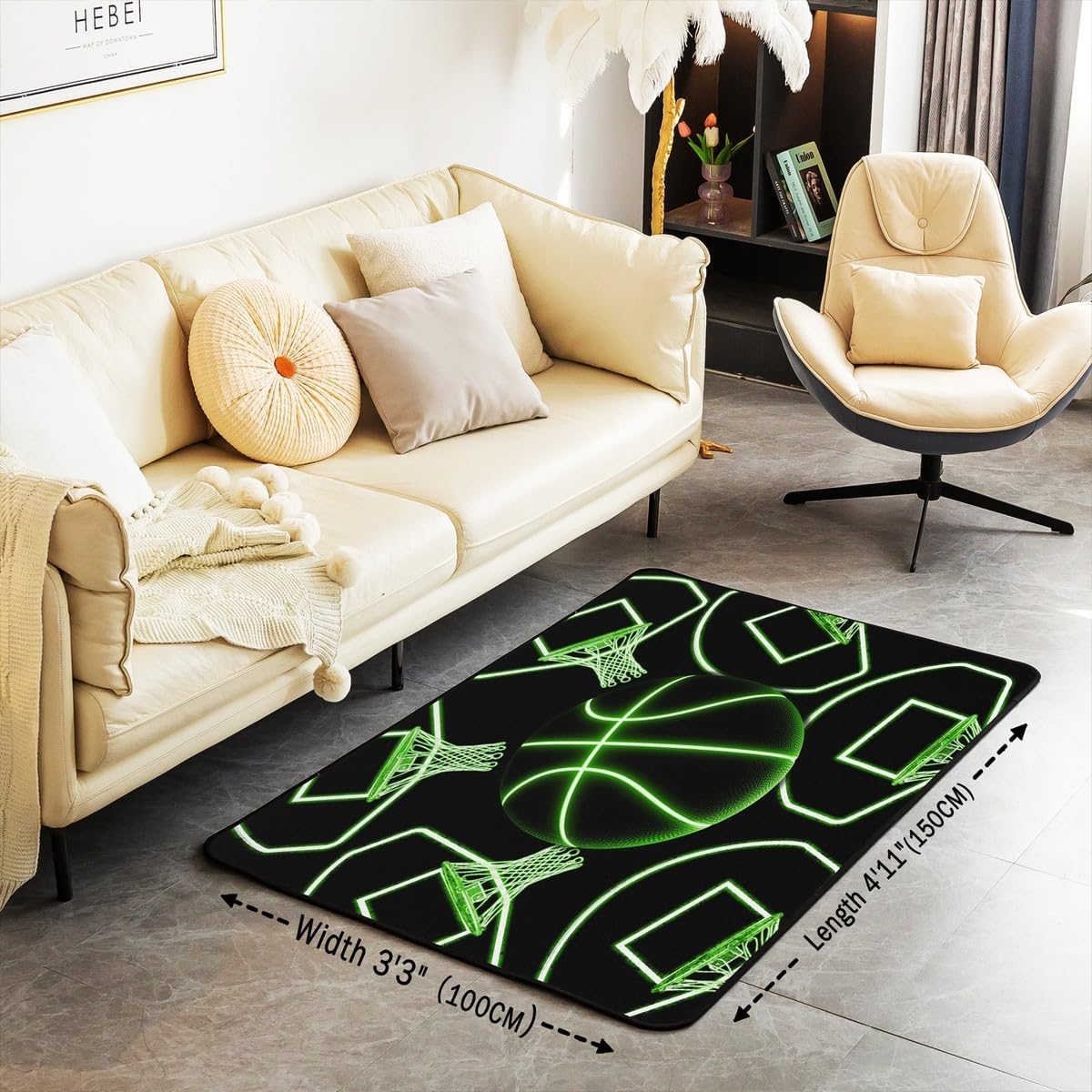 jejeloiu Basketball Living Room Rugs for Bedroom 5x7 Kids Gaming Sports Decor Carpet for Boys Girls Teens Ball Games Area Rug Soft Gift for Basketball Lover Grey and Black Room Decor