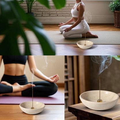 Koville Natural Marble Incense Holder, Incense Holder for Sticks with 9 Holes, Handmade Incense Burner Ash Catcher for Meditation Yoga SPA, Balsam Fir/Palo Santo/Sage/Cone (RoyalBeige)