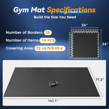 SUPERJARE 1" Extra-Thick Rubber Top Exercise Mat, Puzzle Gym Flooring for Home Gym, Gym Mat for Workout Equipment, Interlocking Floor Tiles with EVA Foam, 12 Pcs 48 Sq Ft, Black/Grey