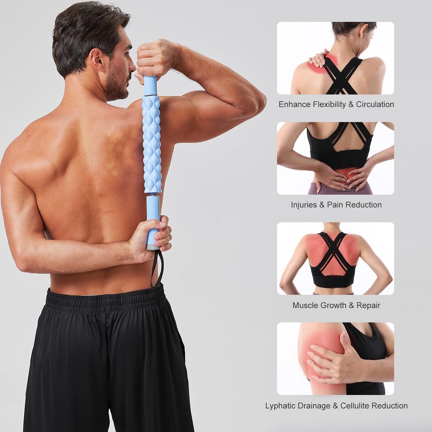 Muscle Roller Massage Roller Stick- Deep Tissue Fascia Blaster for Myofascial Pain Relief, Lymphatic Drainage & Body Sculpting, Handheld Physical Therapy & Recovery Tool (Gray black-18 inch)