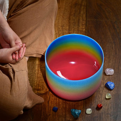 CVNC 440HZ 8 Inch Rainbow Colored A Note Third-Eye Chakra Frosted Quartz Crystal Singing Bowl for Sound Healing and Meditation