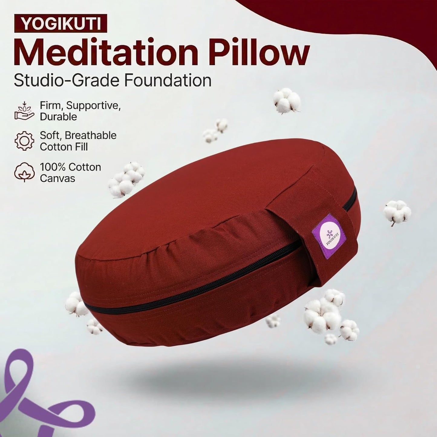 Yogikuti 100% Cotton Meditation Cushion (Round) with Handle | Firm & Comfortable Yoga Cushion | Removable Washable Cover | Floor Seating Support for Meditation, Yoga & Pranayama