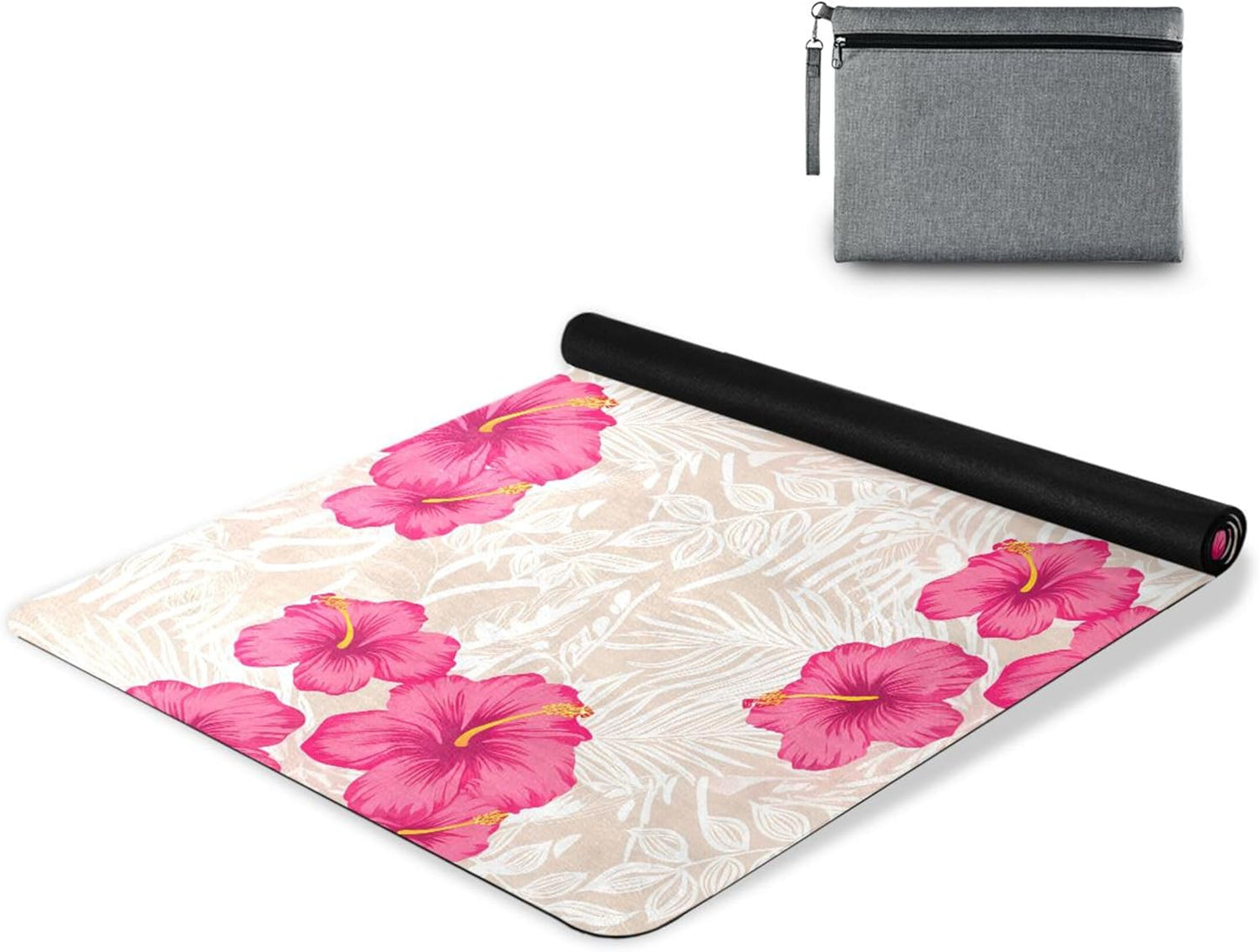 Tropical Pink Hibiscus Flowers Yoga Mat, Anti-Tear Non Slip Exercise & Workout Mat, 71” x 26” with Storage Bag for Home Yoga, Pilates, Fitness & Floor Workouts