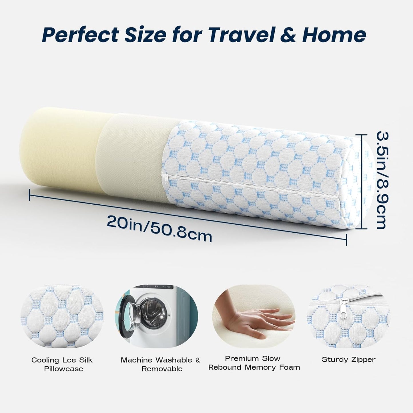 Neck Roll Pillow, Memory Foam Neck Support Pillows, Round Neck Pillows, Cylinder Bolster Pillows for Bed, Couch, and Yoga, Removable Washable Cover,18 * 4.1 * 4.1inch (Cool-Blue)