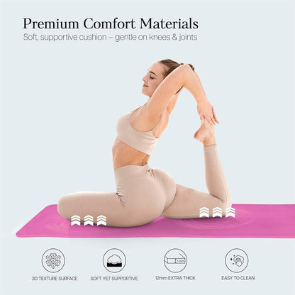 Extra Thick 12mm Exercise Mat – Non-Slip, Joint-Friendly & Cushioned Fitness Mat for Yoga, Pilates & Floor Workouts – Durable, Supportive & Includes Feetlu Classic Strap