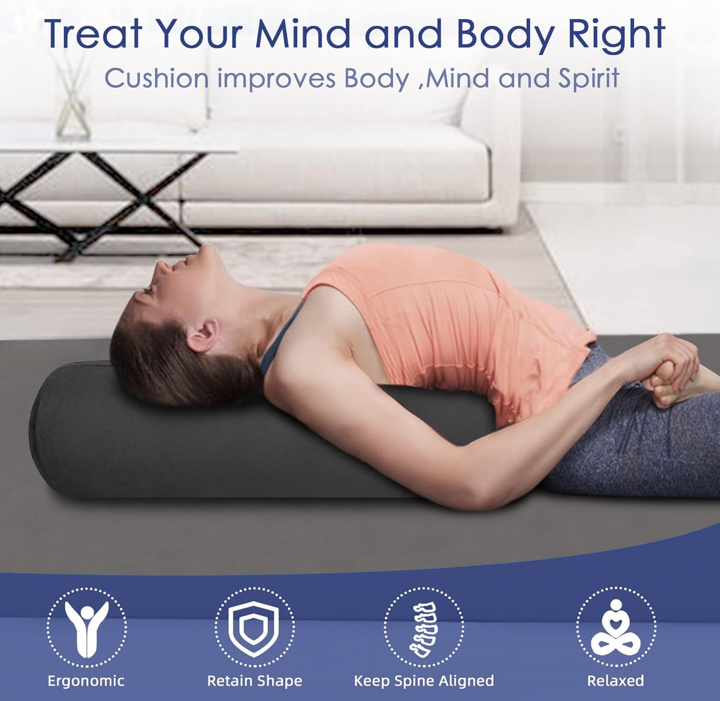Organic Buckwheat Bolster (24x9 in) Supportive Yoga Cushion for Restorative Yoga Accessories, Meditation, Reading, Floor Pillow - Large Round Cylinder (Black)