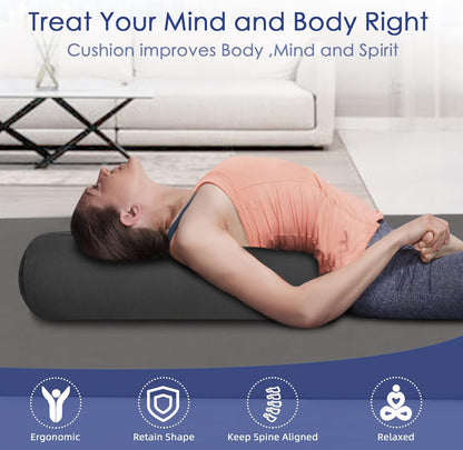 Organic Buckwheat Bolster (24x9 in) Supportive Yoga Cushion for Restorative Yoga Accessories, Meditation, Reading, Floor Pillow - Large Round Cylinder (Black)