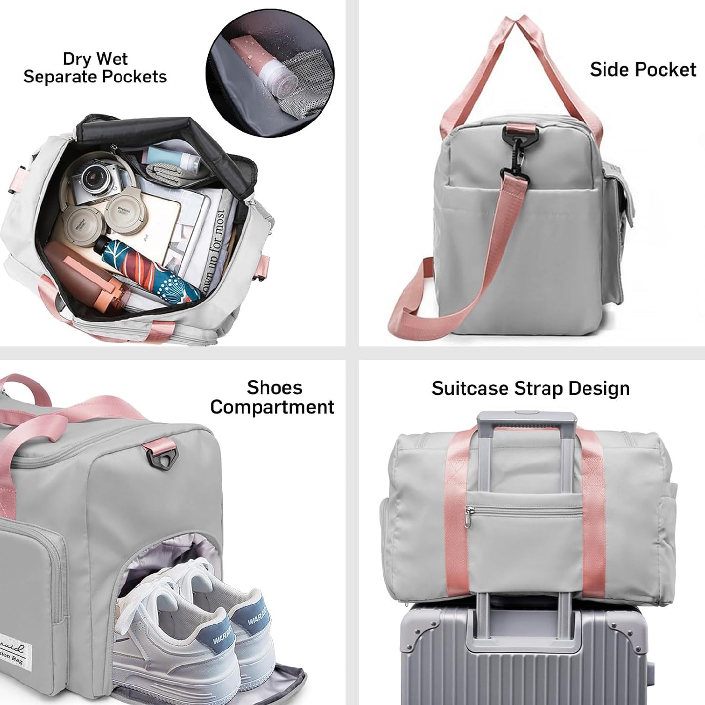 Suruid Travel Yoga Duffel Bag with Shoes Compartment Sports Gym Handbag with Dry Wet Separated Pocket for Training Men and Women, Overnight /Weekender Bag - Pink