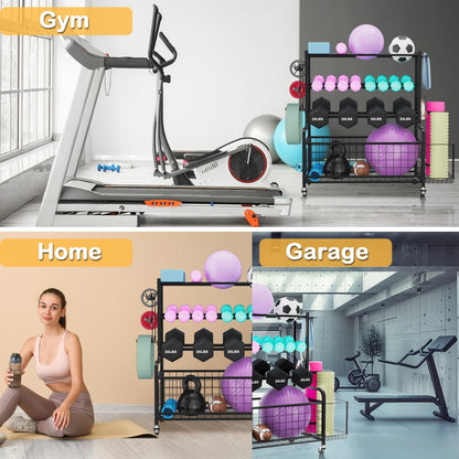 Dumbbell Rack - Weight Rack For Home Gym Storage Yoga Mat Weight Rack With Wheels And Hooks,Workout Equipment Storage Organizer For Yoga Equipments,For Dumbbell,Kettlebell,Yoga Block,Foam Roller
