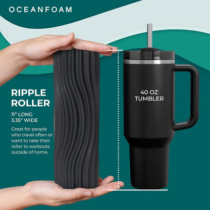 Oceanfoam Ripple Travel Foam Roller (11" x 3.35") Firm Mini Foam Roller for Physical Therapy, Deep Tissue Massage, Back Pain - High Density, Ergonomic Wave Textured - Yoga, Pilates, Exercise (Natural) - Colors A