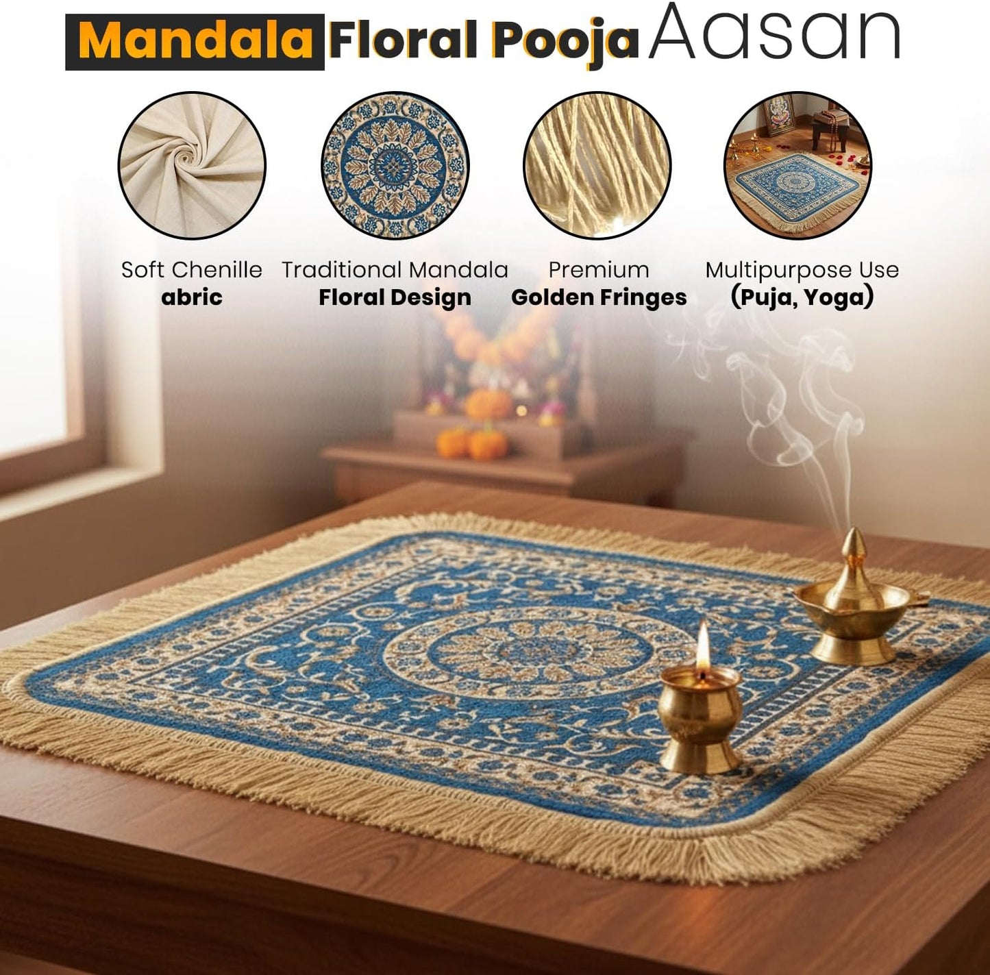 Soft Chenille Prayer Mat | Traditional Mandala Floral Pooja Aasan with Golden Fringes | Multipurpose Square Rug for Meditation, Yoga, Puja Room & Home (Red, 2x2 Feet)