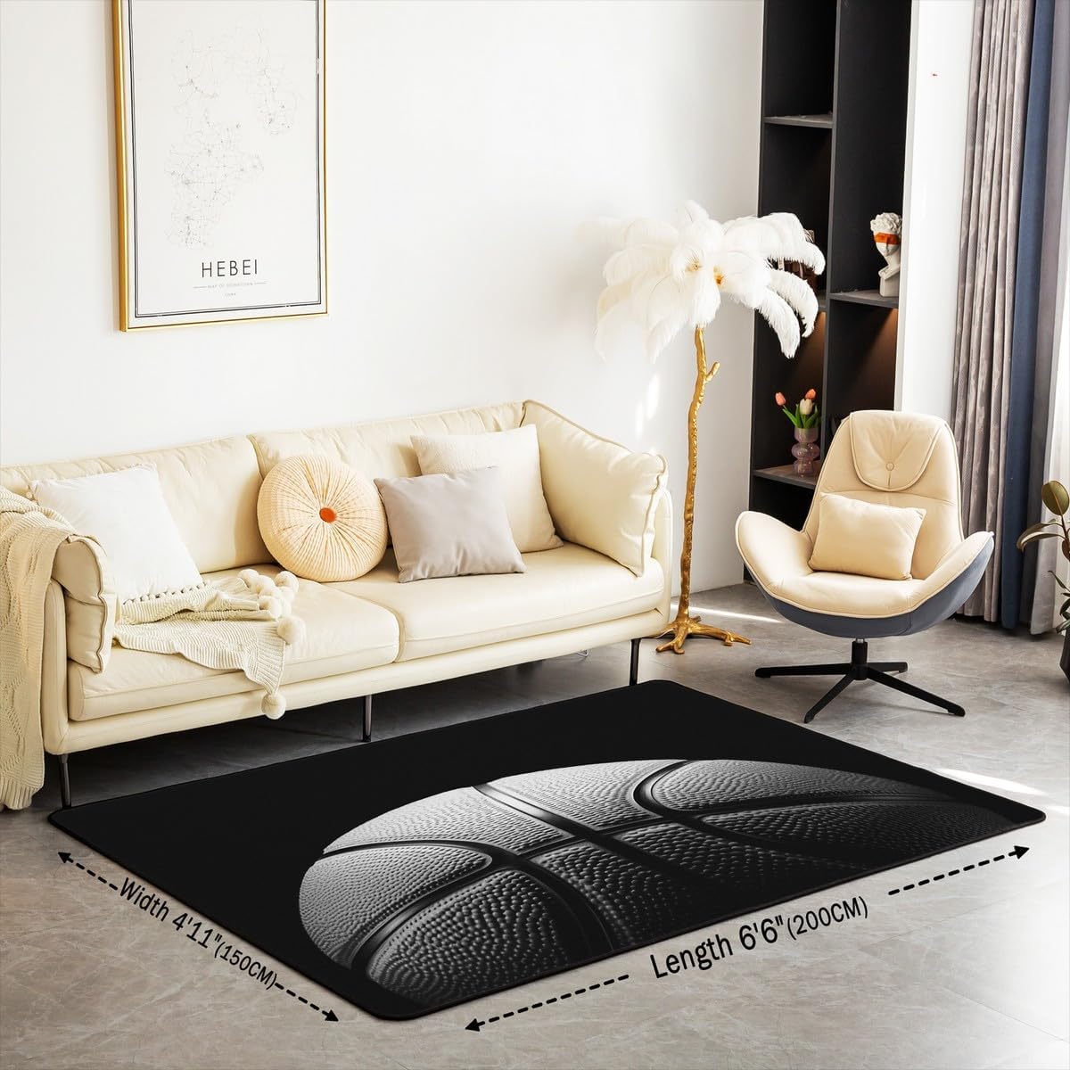jejeloiu Basketball Living Room Rugs for Bedroom 5x7 Kids Gaming Sports Decor Carpet for Boys Girls Teens Ball Games Area Rug Soft Gift for Basketball Lover Grey and Black Room Decor