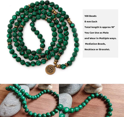 Mala Bead Strand Bracelet, 108 Buddhist Prayer Beads Yoga Meditation Green Malachite Beads Necklace Women man