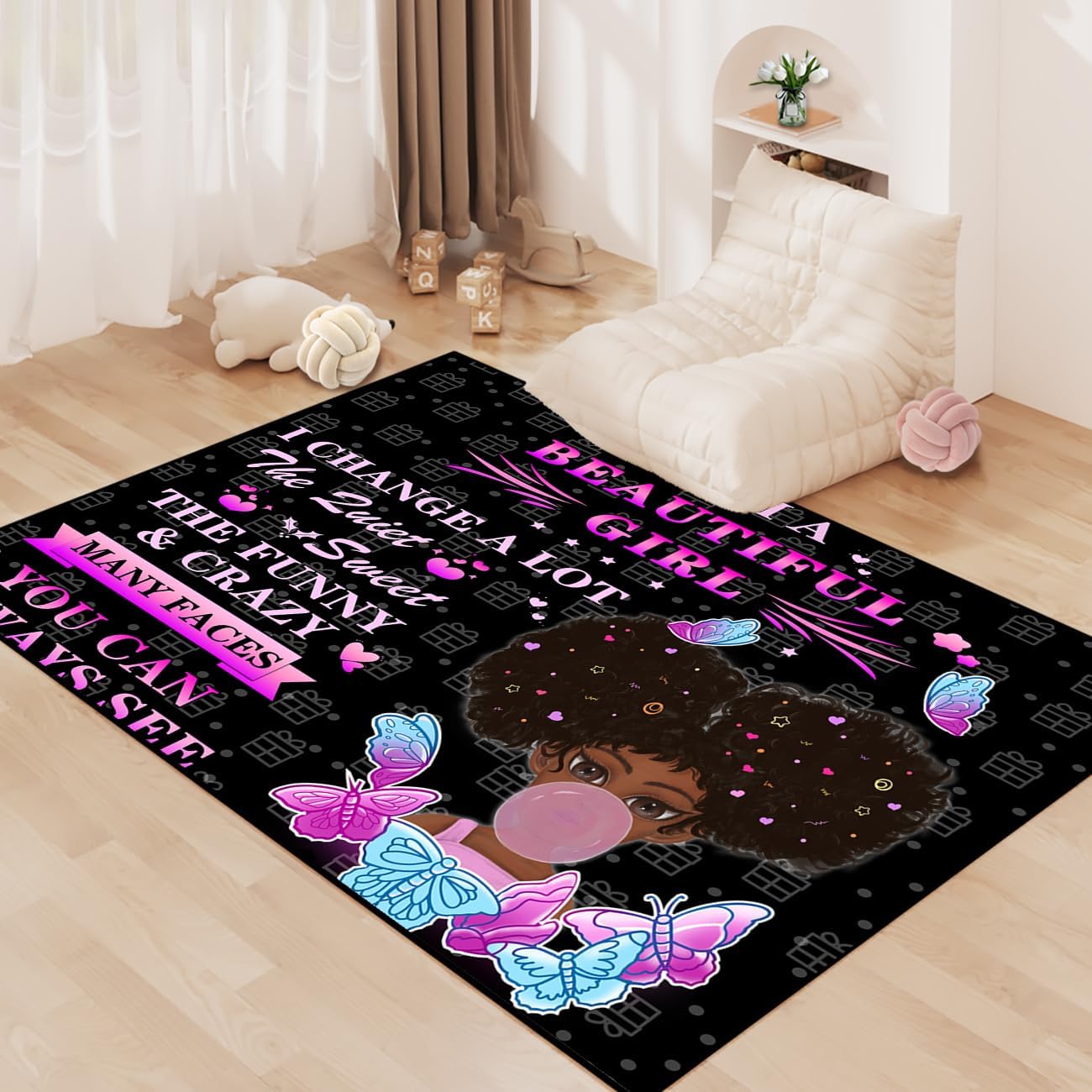 Black Girl Area Rug for Bedroom African Black Girls Floor Rugs for Living Room Playroom Cartoon Art Home Decor Soft Yoga Mats for Women Afro Purple 47" x 31" (2.7 x 3 Feet)