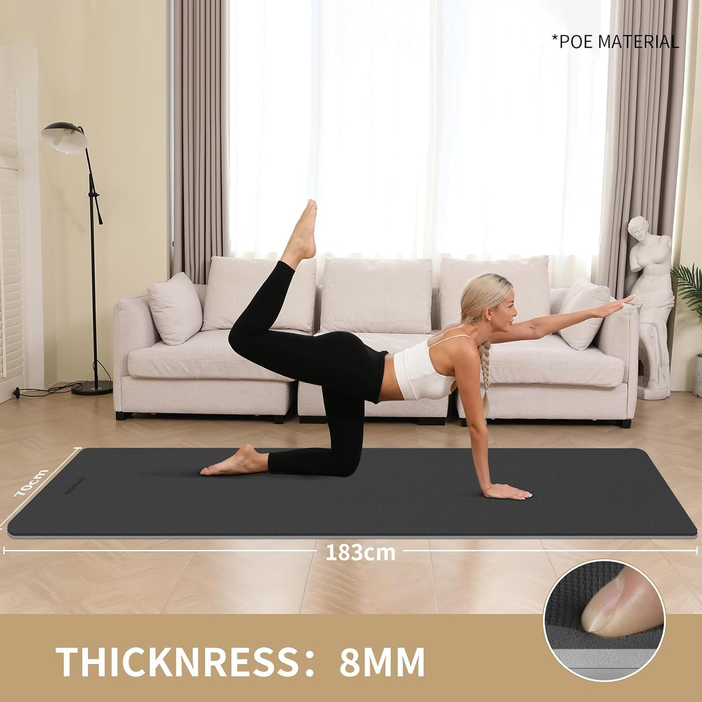 Extra Thick 8mm Yoga Mat, 72"x28" Non Slip Exercise Mat, Reversible 2-Sided Dual Color Premium POE Material, with Carrying Strap for Yoga, Pilates, Home Gym