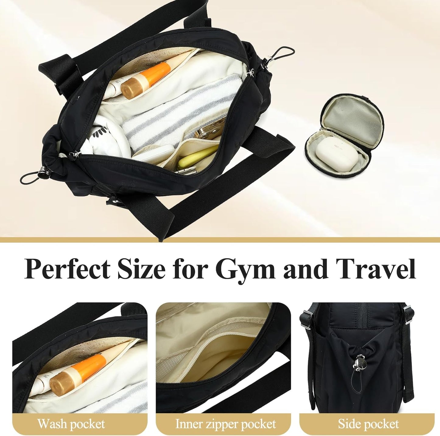 CAMTOP Mini Gym Bag for Women, Small Gym Tote Bag Puffy Quilted Sports Duffel Bag with Wet Compartment and Coin Purse Duffel Bags Dance Yoga Workout Bag for Gifts (All Black, Mini-12.6")