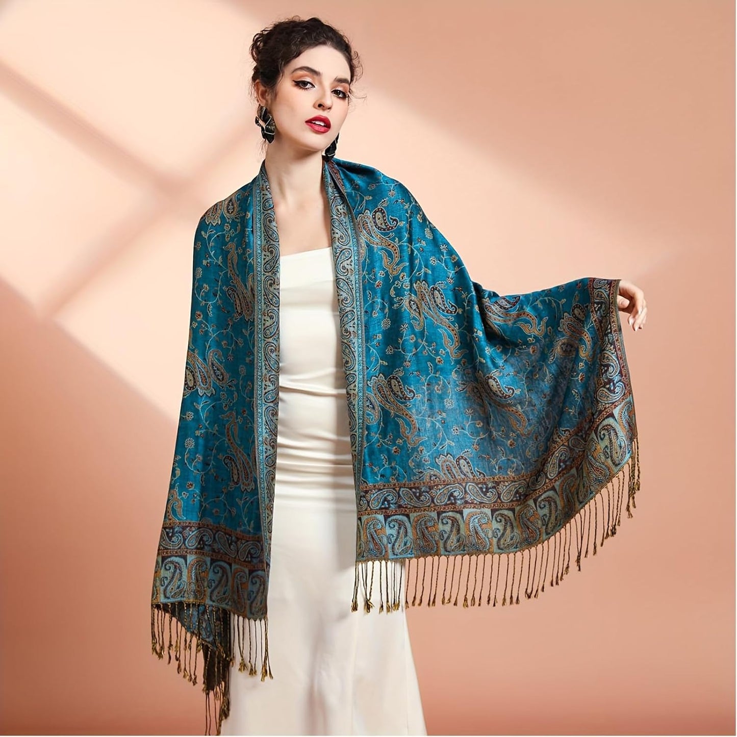 Ciormis Two Tone Silky Paisley Pashmina Shawl Scarf,Soft Women's Rave Jacquard Pashminas Wrap Scarves