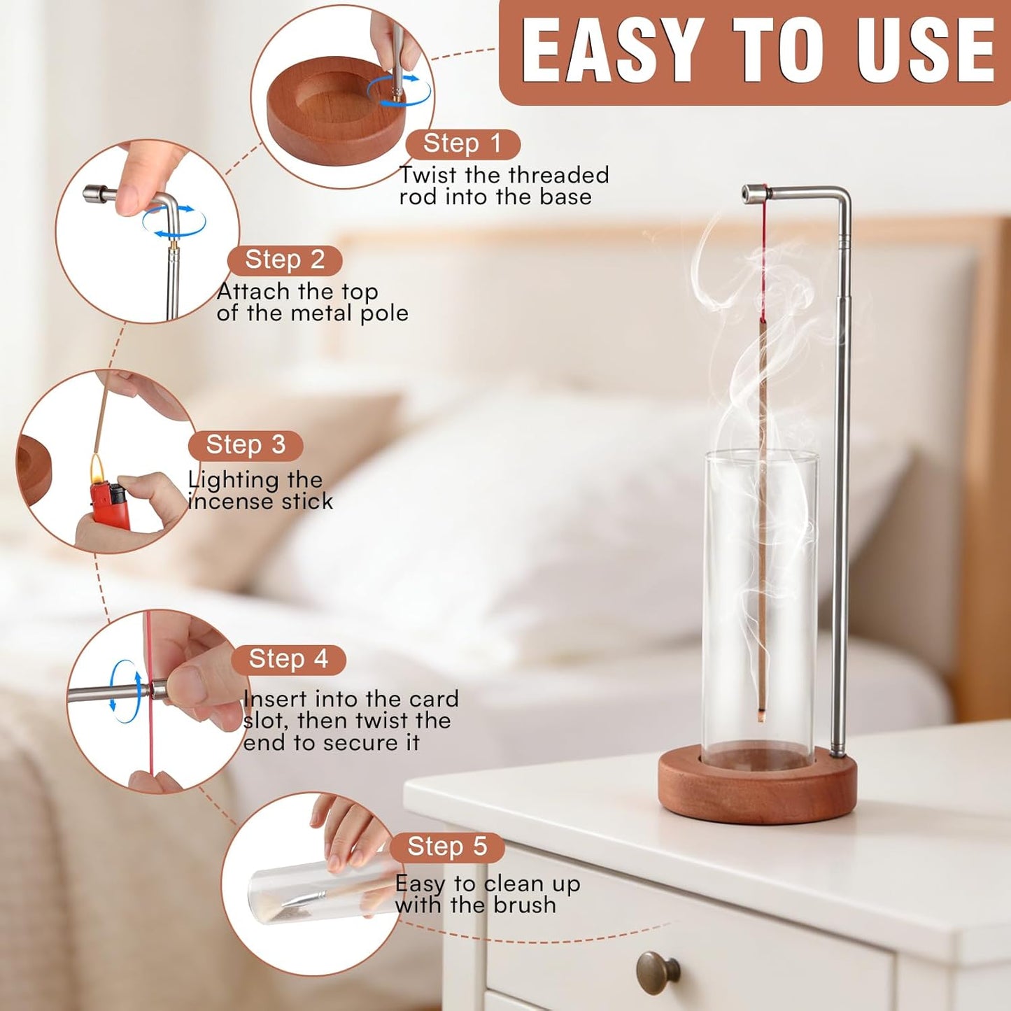 Incense Holder for Sticks, 2 in 1 Incense Burner with Glass Ash Catcher & Storage, Upside Down Incense Holder, Adjustable Stem with Threaded Lock for Yoga Spa Home Decor (Extends 8.7"-13.4")