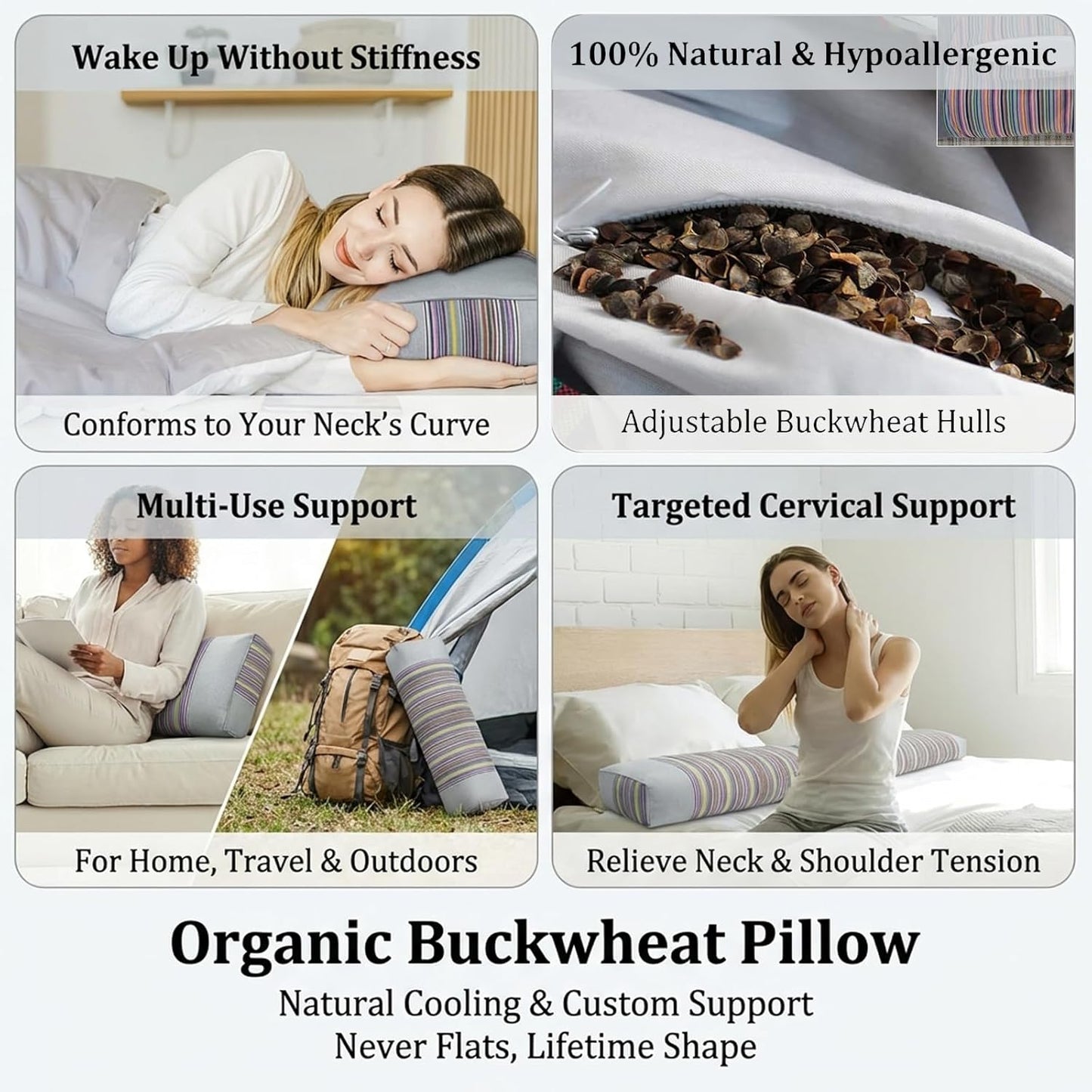 Adjustable Buckwheat Hull Pillow for Neck Pain Relief (21x8x4in) Natural Cooling Cervical Support Organic Pillow for Side & Back Sleepers with Night Sweats (Grey)