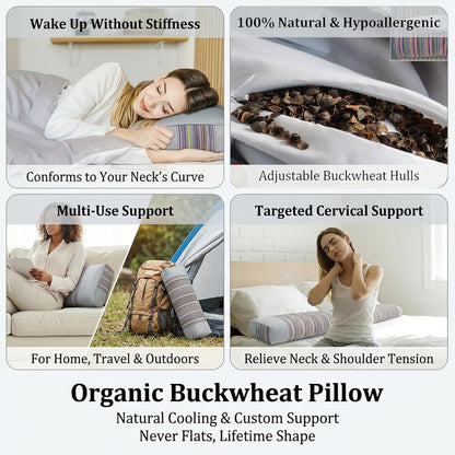 Adjustable Buckwheat Hull Pillow for Neck Pain Relief (21x8x4in) Natural Cooling Cervical Support Organic Pillow for Side & Back Sleepers with Night Sweats (Grey)
