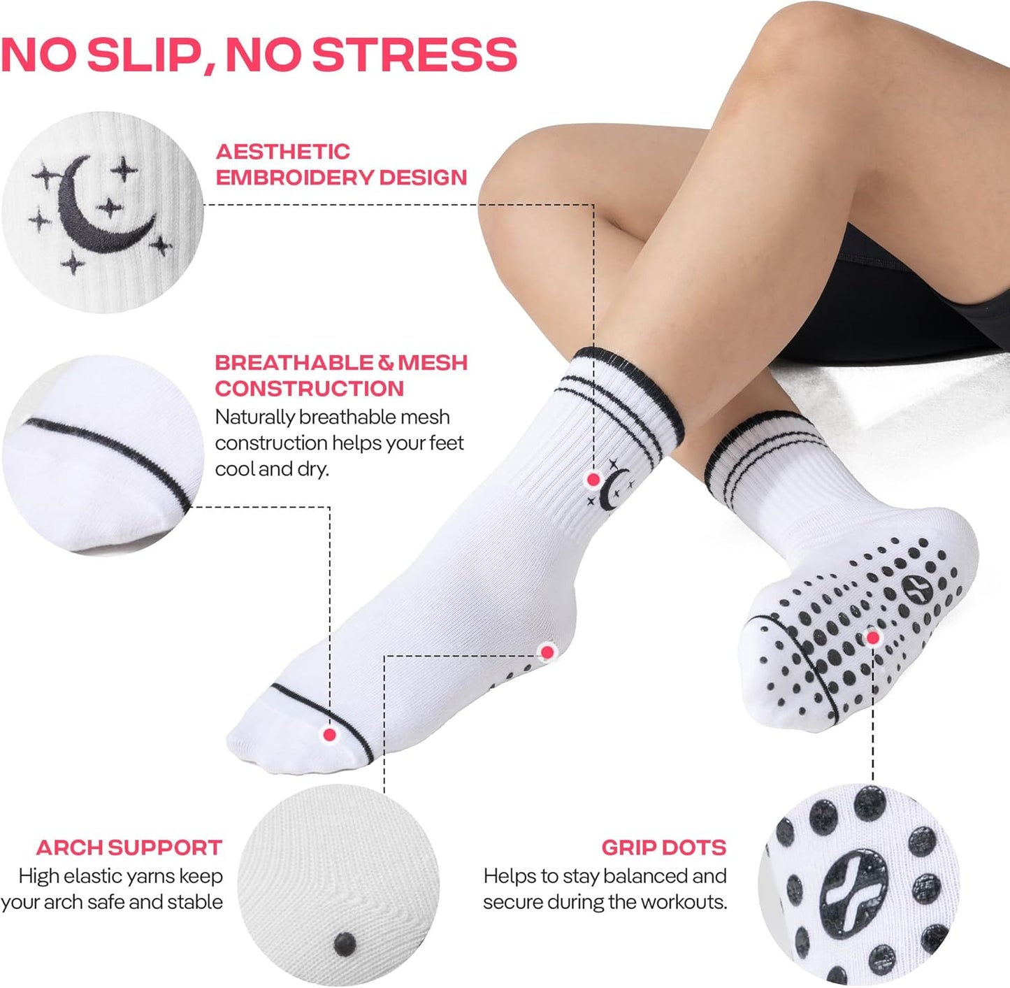COOLMATE Pilates Socks with Grips for Women, Yoga Socks, Crew Non Slip Women for Barre, Pilates Gifts for Women - Colors A